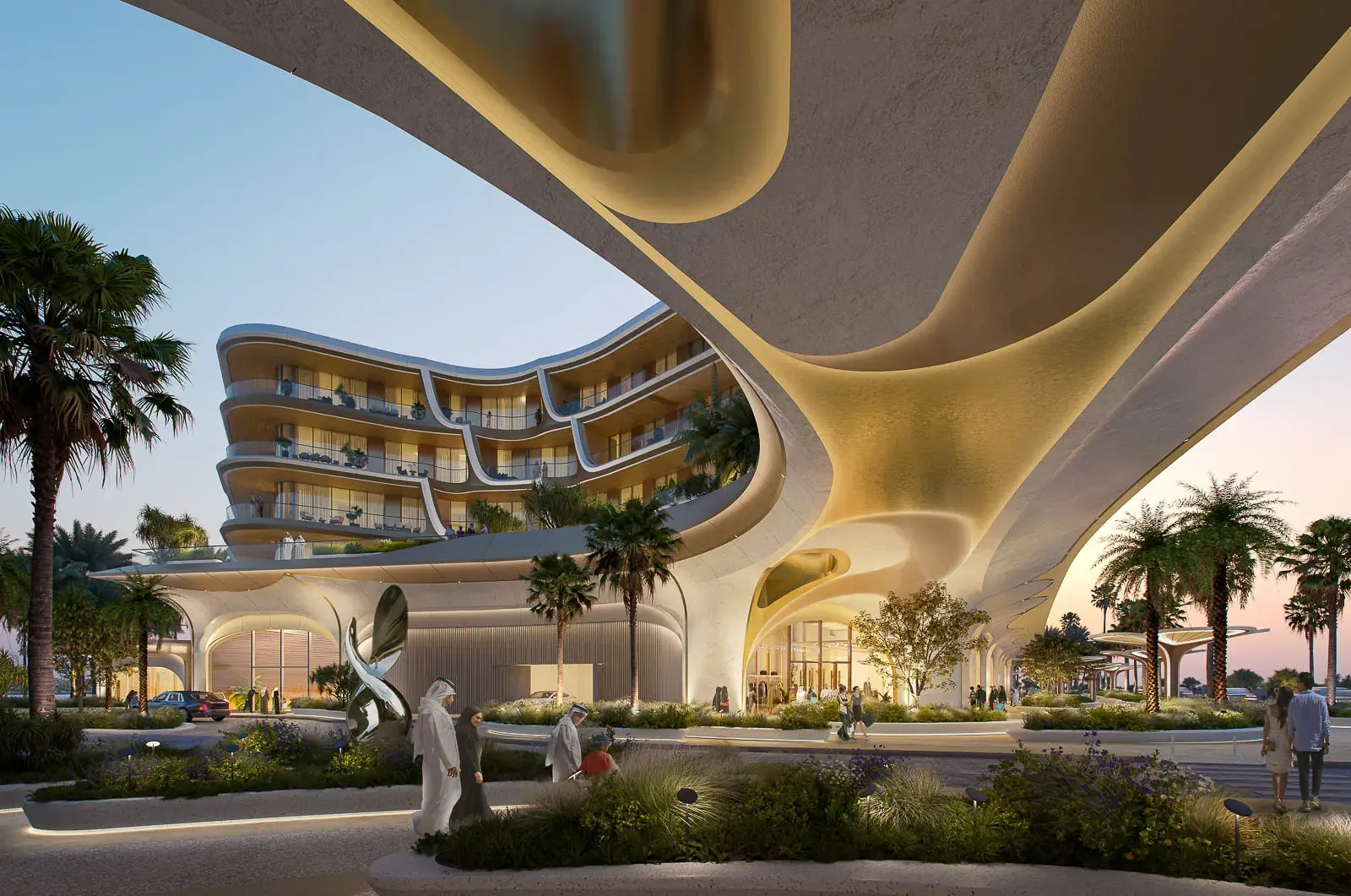 Sculptural curved canopy of The Grove sweeping over the landscaped podium