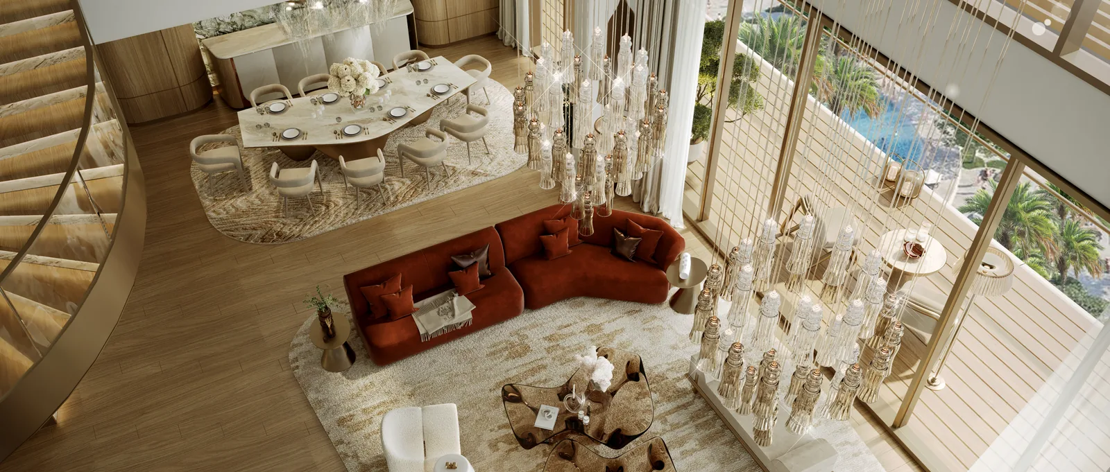Double-height living and dining room in a duplex residence at The Grove, with a sculptural chandelier and full-height glazing onto a terrace