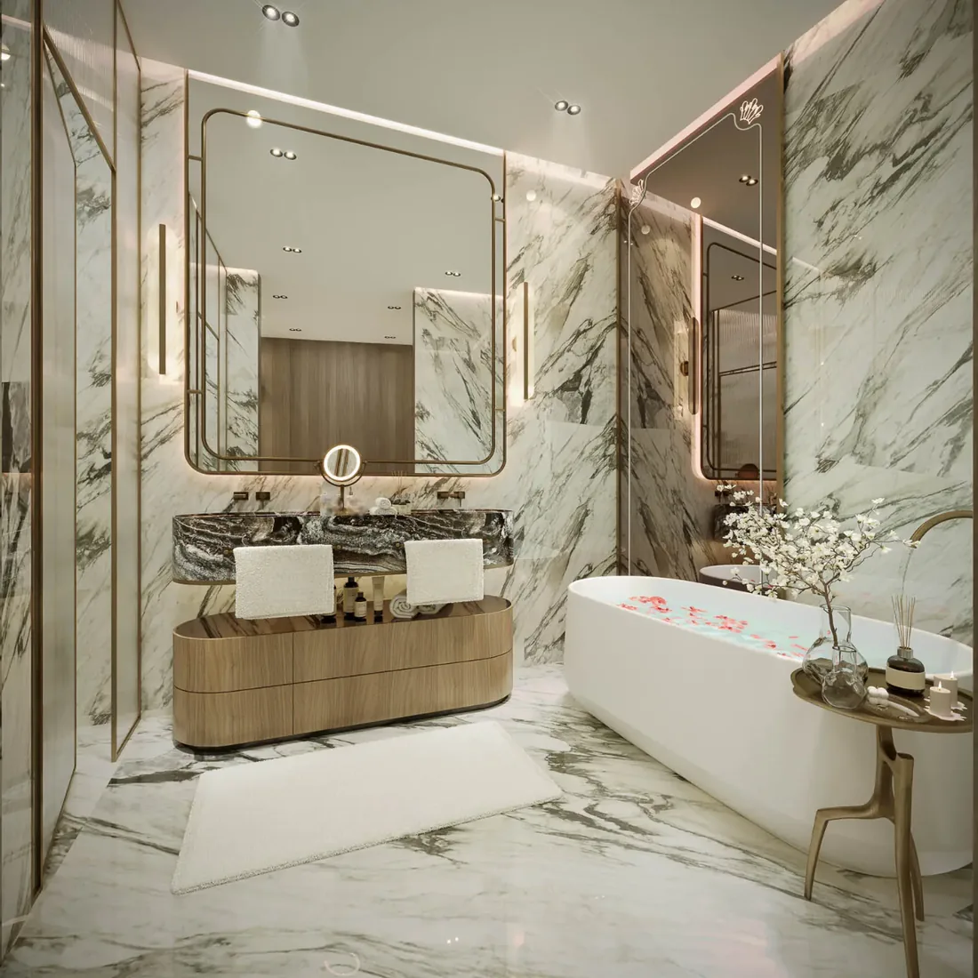 Marble master bathroom with freestanding bath