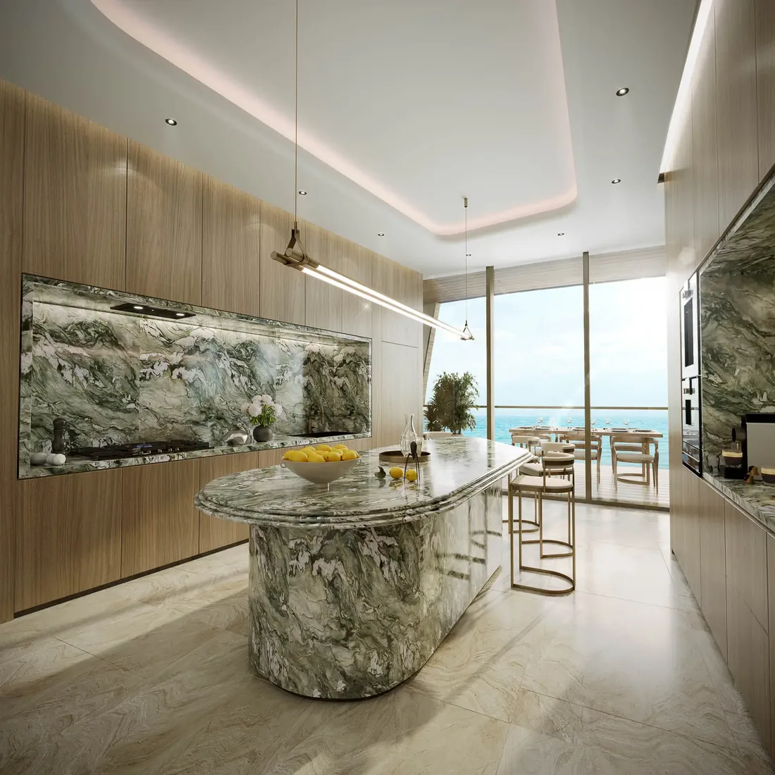 Kitchen interior with sculpted stone island and sea view beyond
