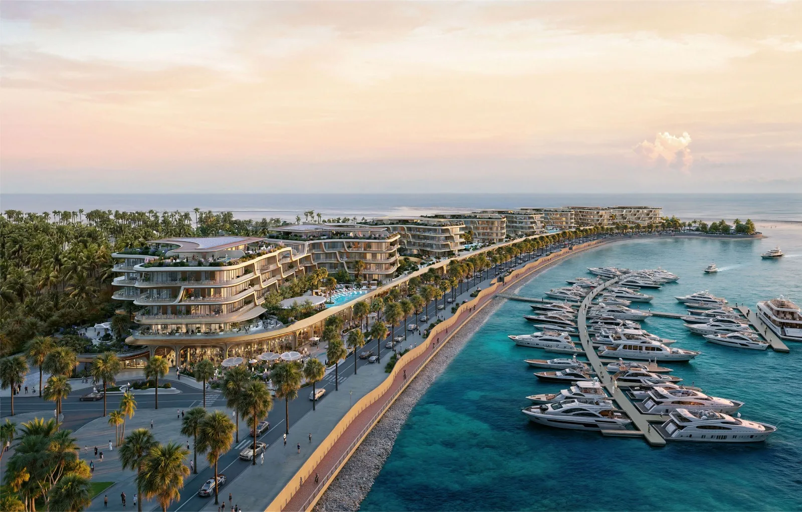 Aerial view of the marina beside The Grove with moored yachts along the curving shoreline