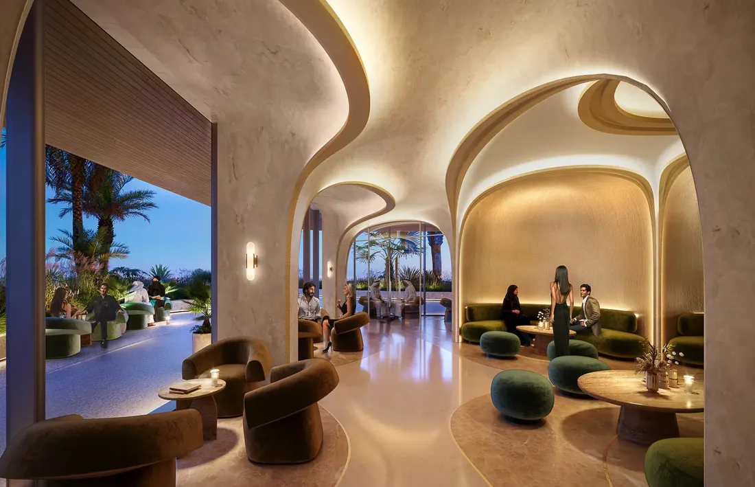 Private members' club lounge with sculpted arches and garden views