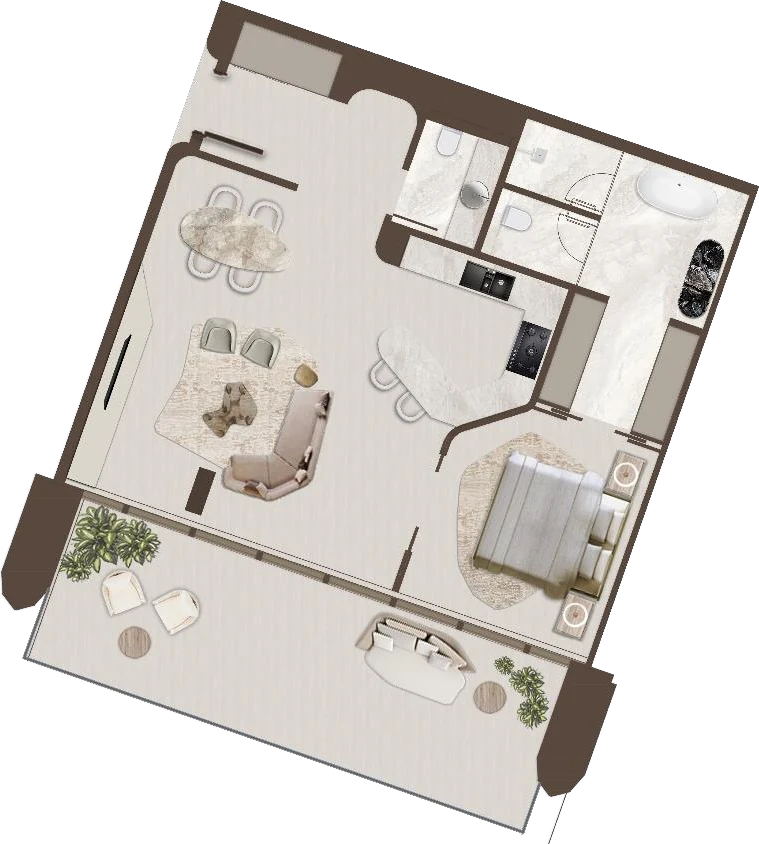Floor plan of a one bedroom residence at The Grove