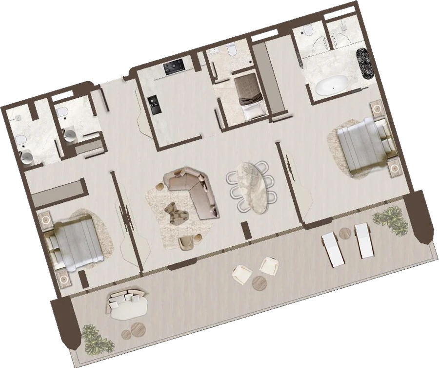 Floor plan of a two bedroom residence at The Grove