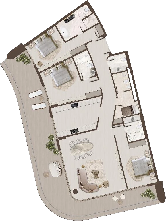 Floor plan of a three bedroom residence at The Grove