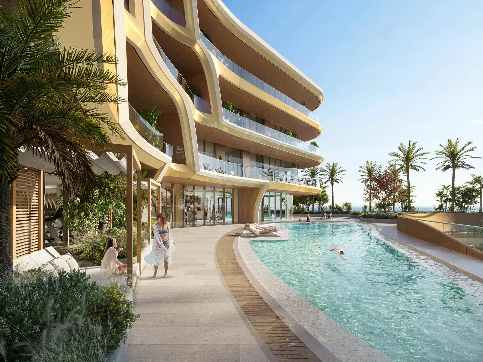 The Grove seen across the pool terrace, curved balconies rising above the waterline