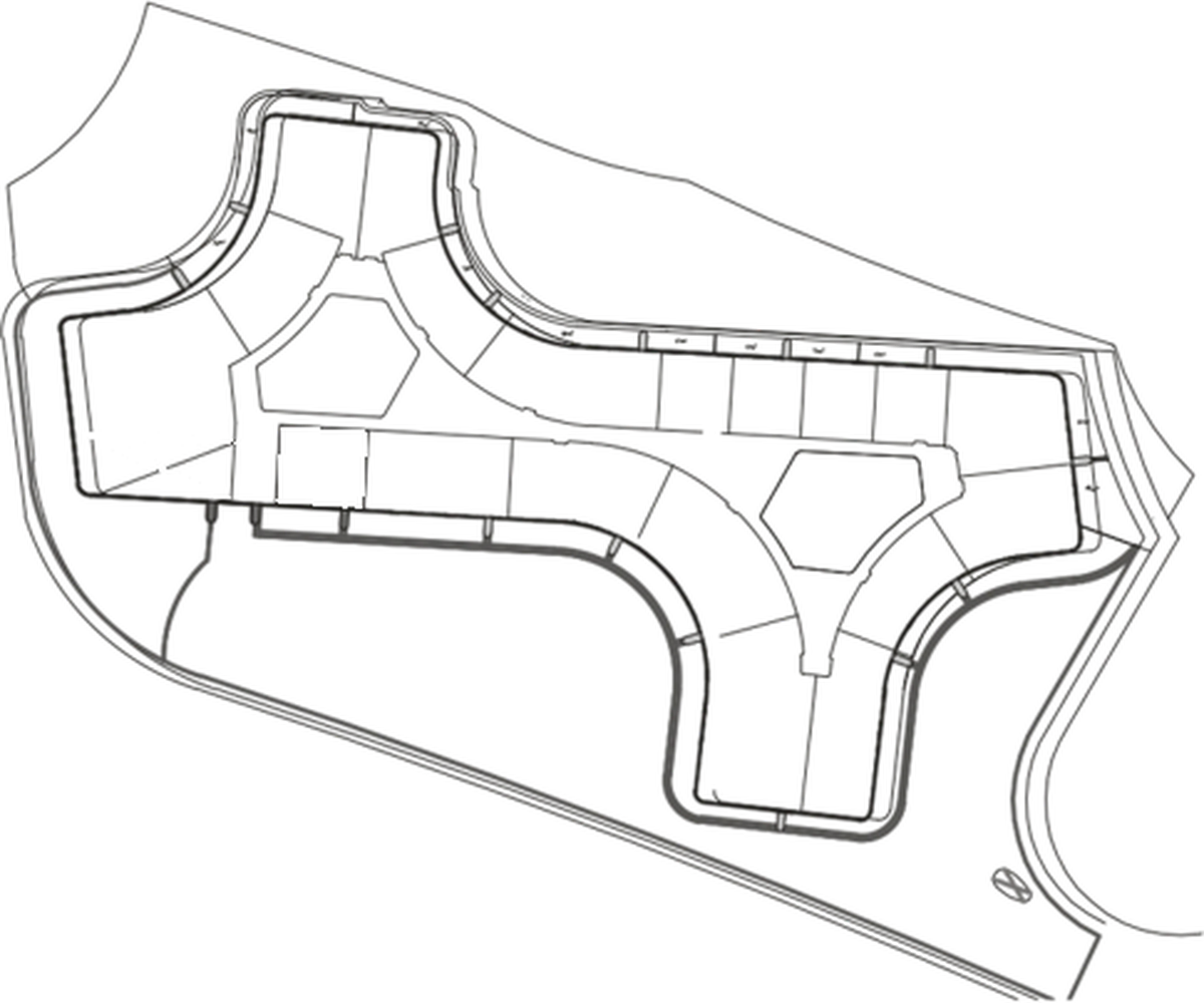 Site plan of The Grove showing the raised promenade connecting the residential buildings along the shoreline