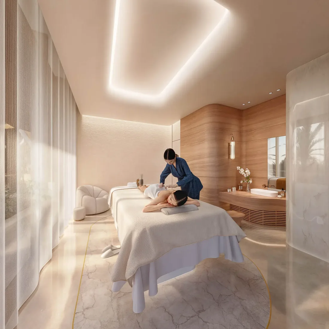 Spa treatment room with soft lighting and stone finishes