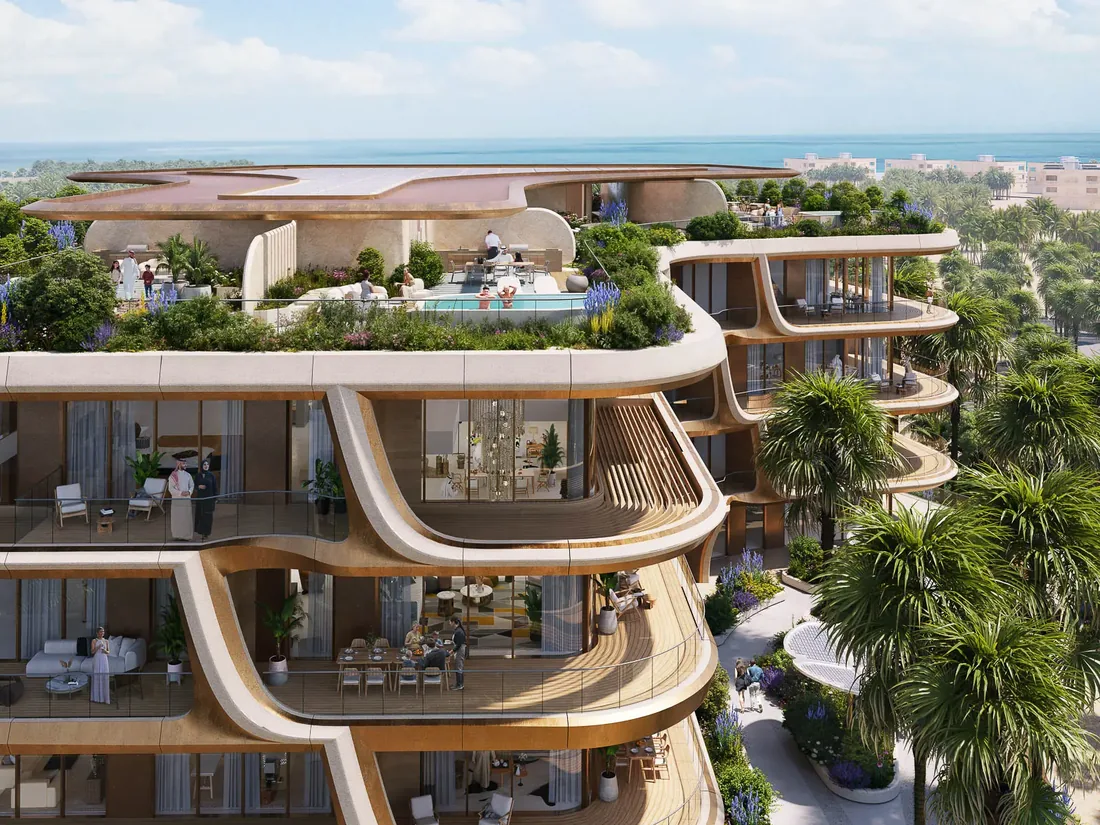Close view of the curved terraces and planted balconies of The Grove