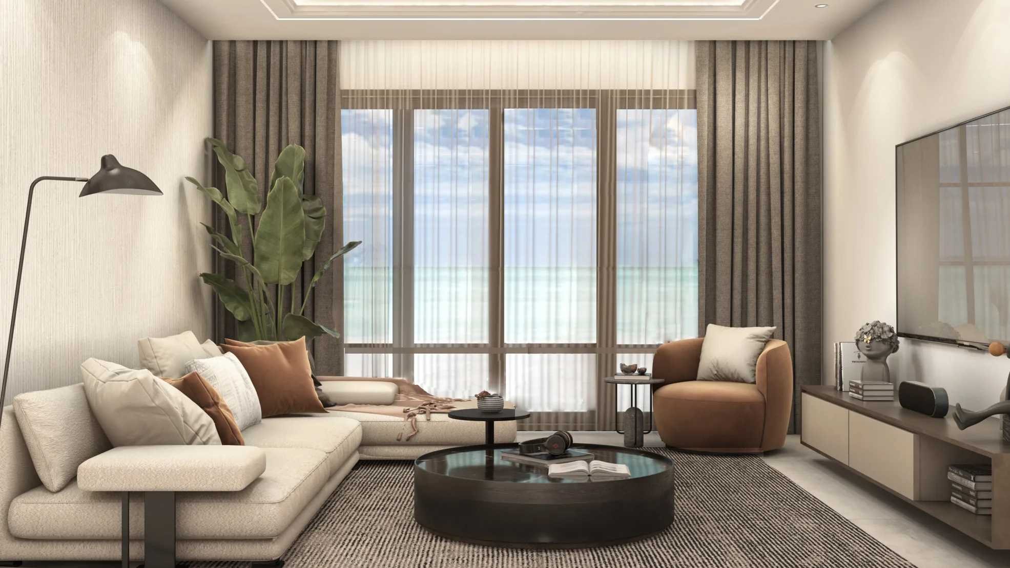 One-bedroom apartment living room at The Lofts with floor-to-ceiling windows and sea view