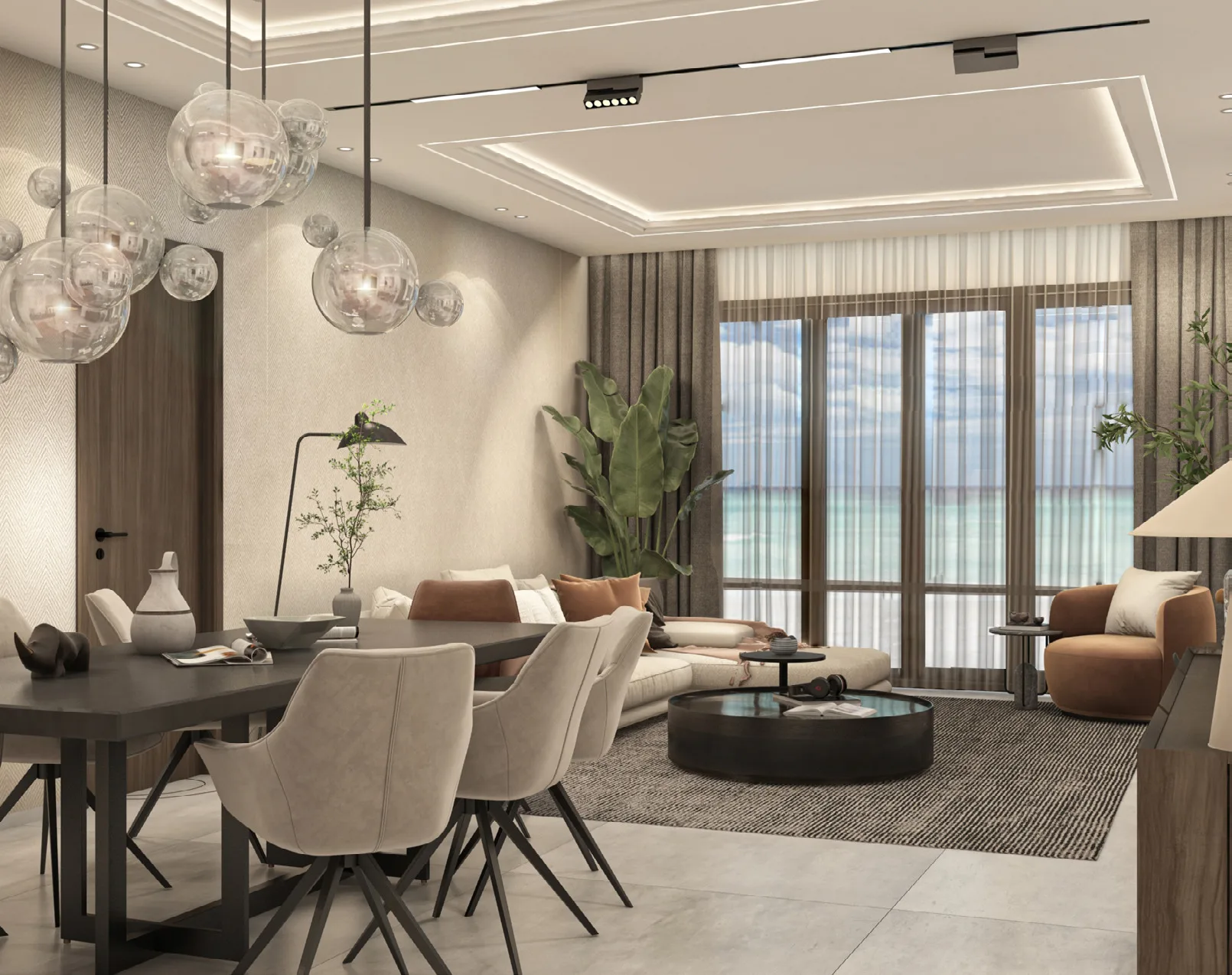 Two-bedroom apartment open-plan living and dining at The Lofts with bubble pendant lighting