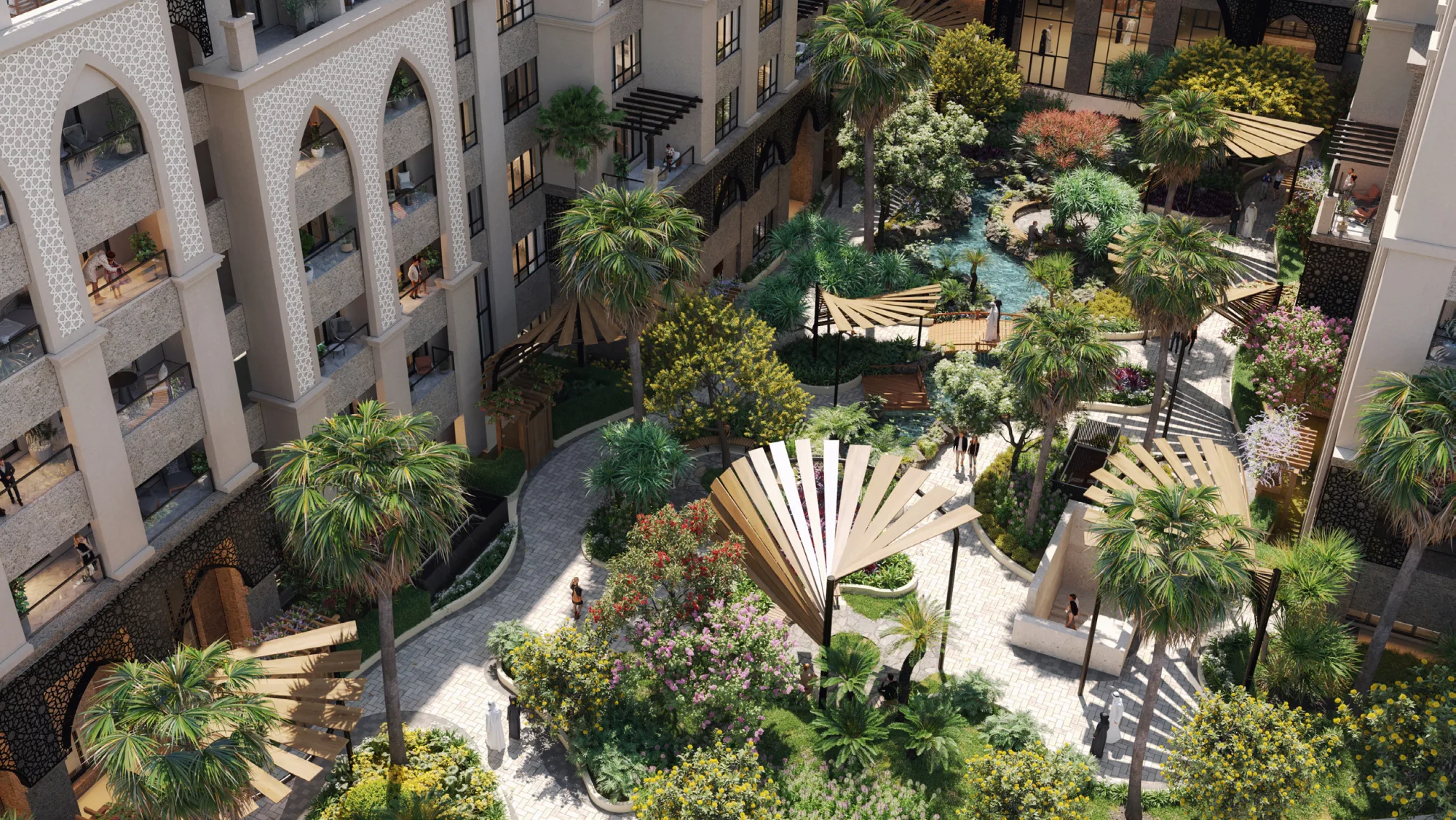 Mashrabiya-arched courtyard with pergolas and landscaped gardens at The Lofts