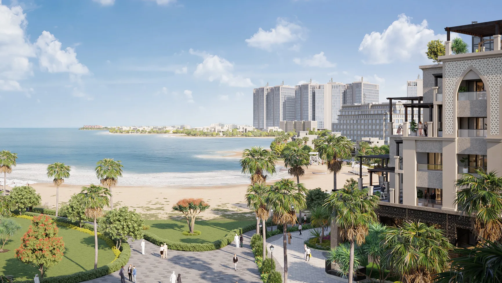 The Lofts beachfront, view of the building, palm lined promenade and the West Bay Doha skyline beyond
