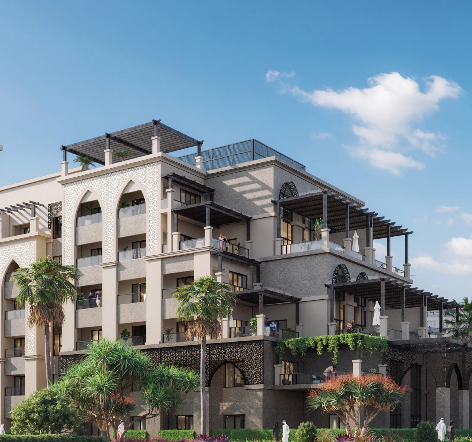 Rooftop sky deck on The Lofts with mashrabiya screens and pergolas