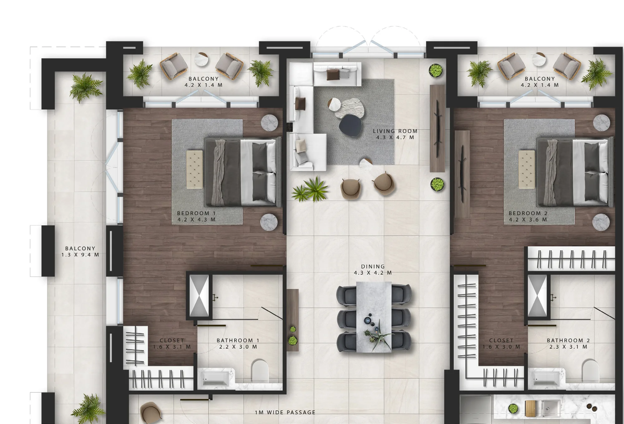 The Lofts two bedroom apartment floor plan. Bedrooms, living, dining, balconies, bathrooms