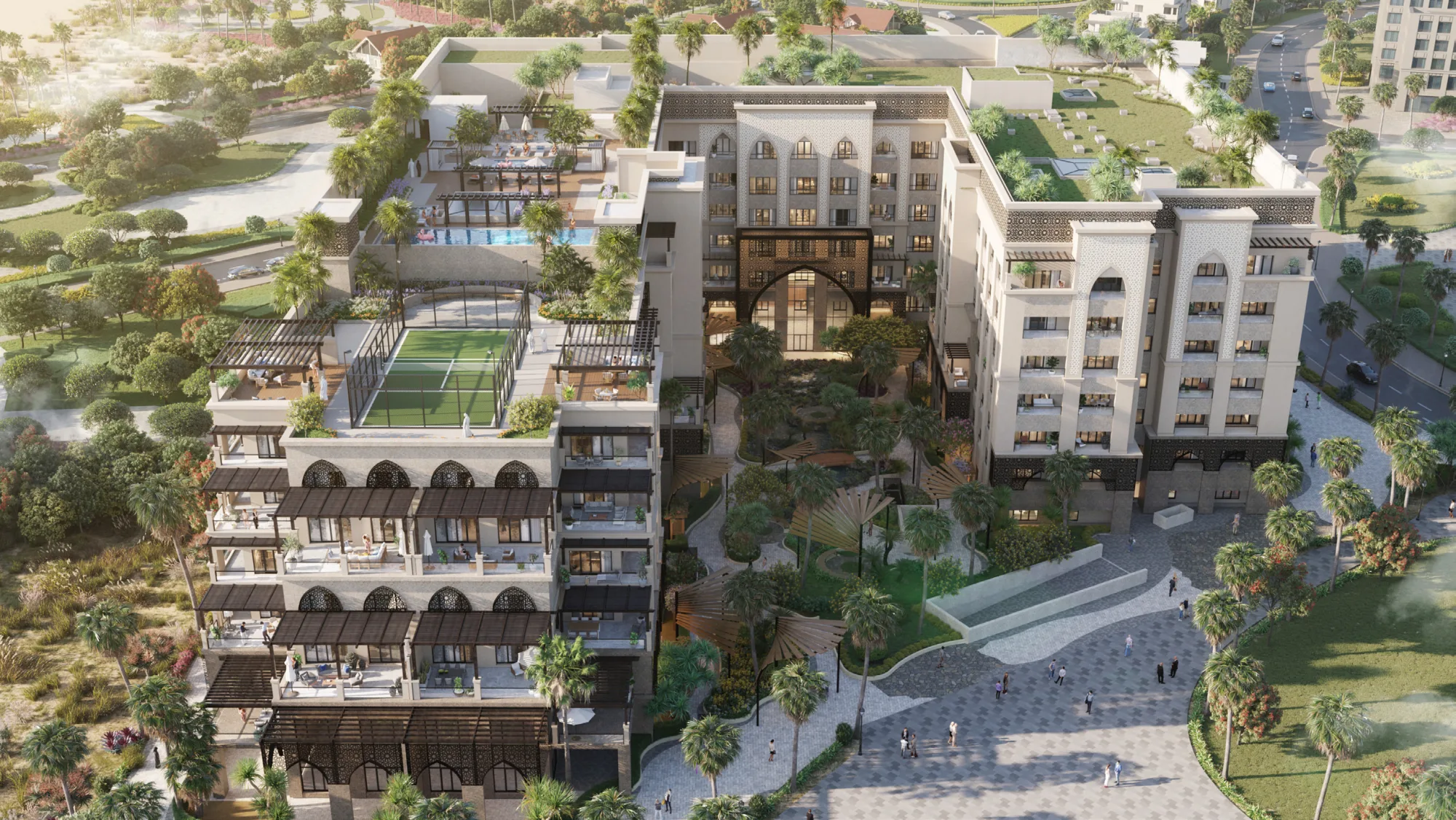 The Lofts at The Pearl Qatar. Aerial view showing rooftop pool, padel court, Japanese garden and mashrabiya pattern façade