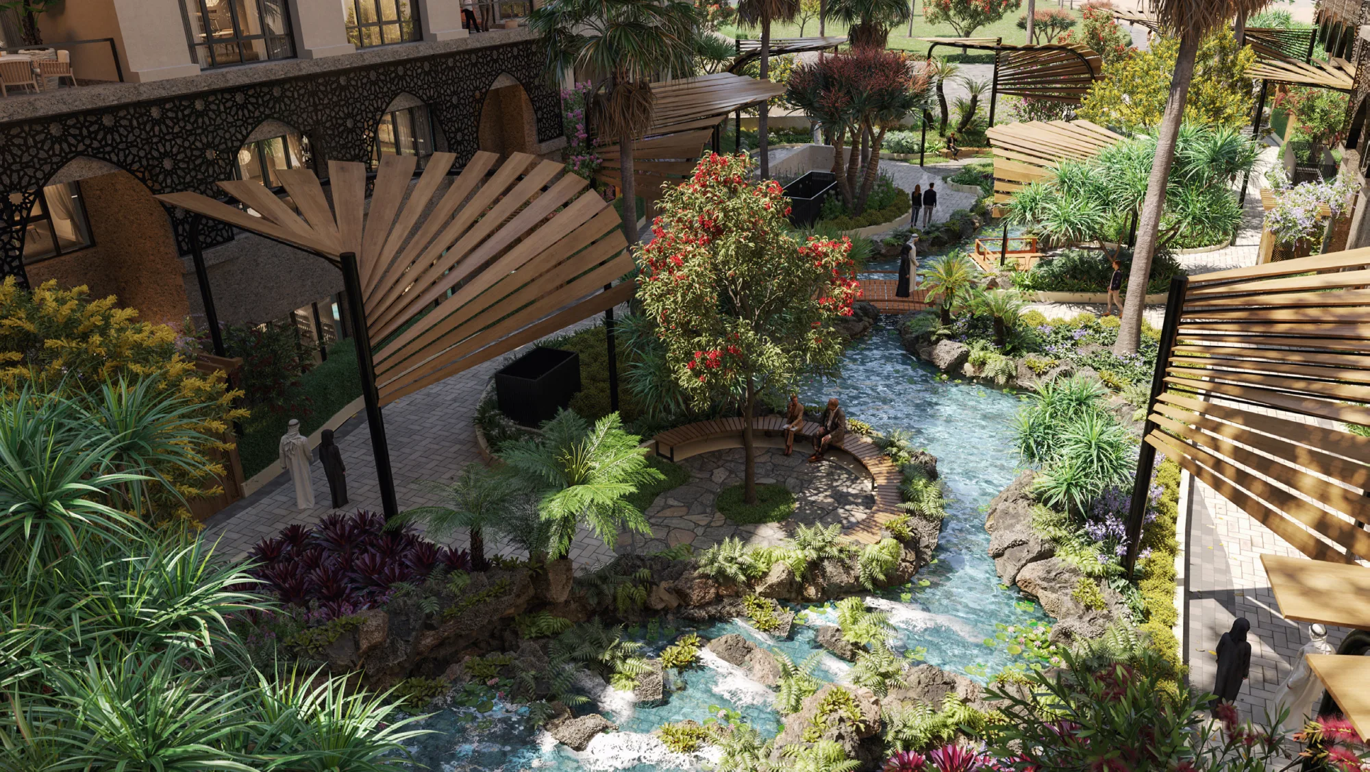 Japanese-inspired garden with stream, bridges and seating at The Lofts