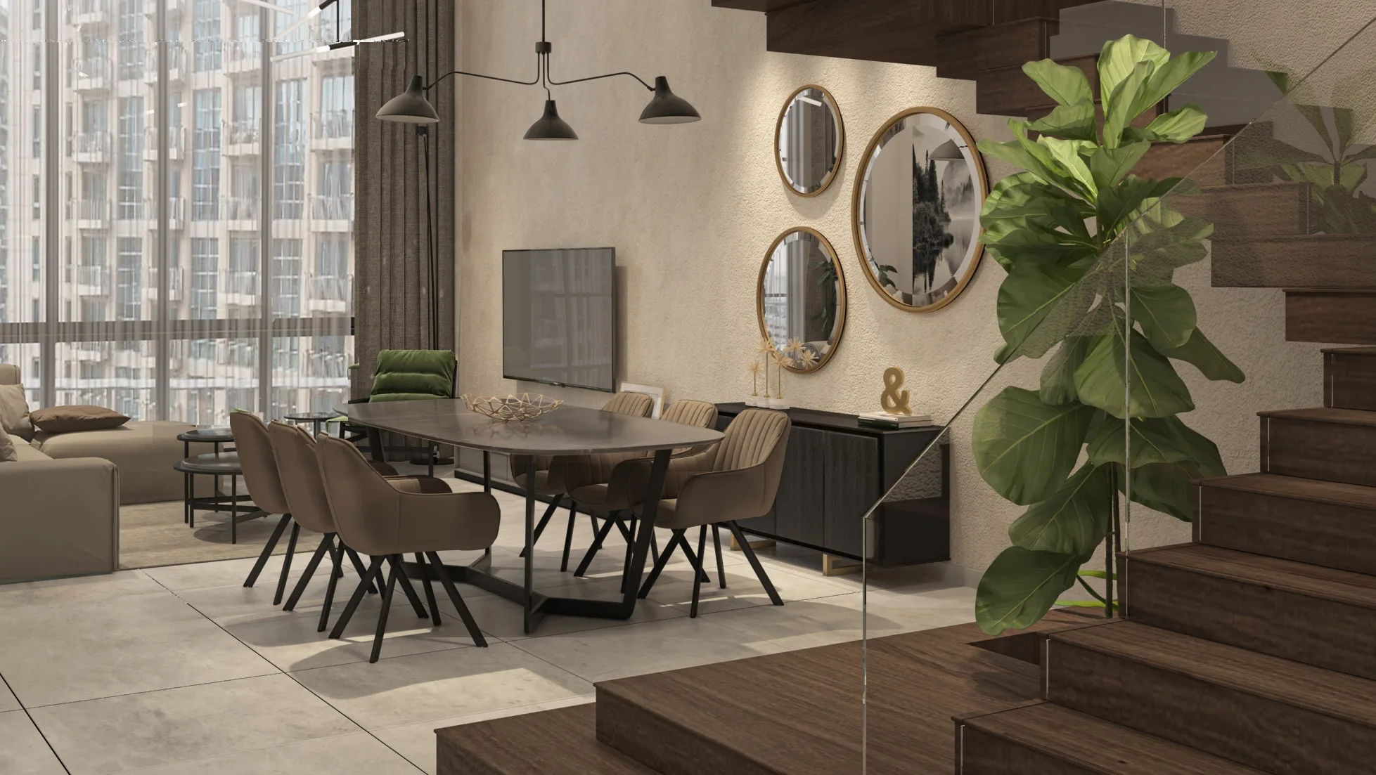 Three bedroom loft dining room at The Lofts. Herringbone parquet, brass lighting, double height