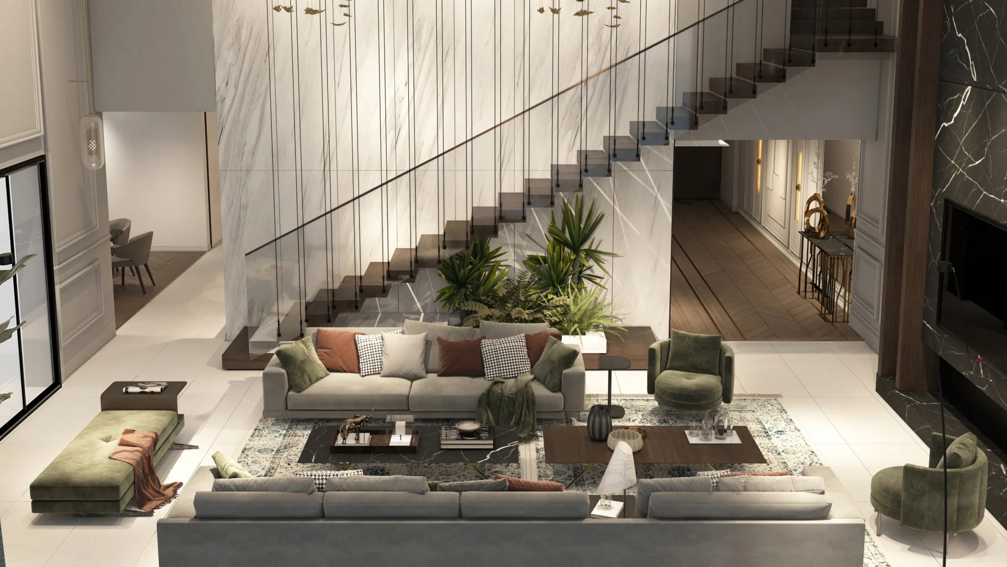 Three bedroom loft at The Lofts with double height living room, floating staircase and marble feature wall
