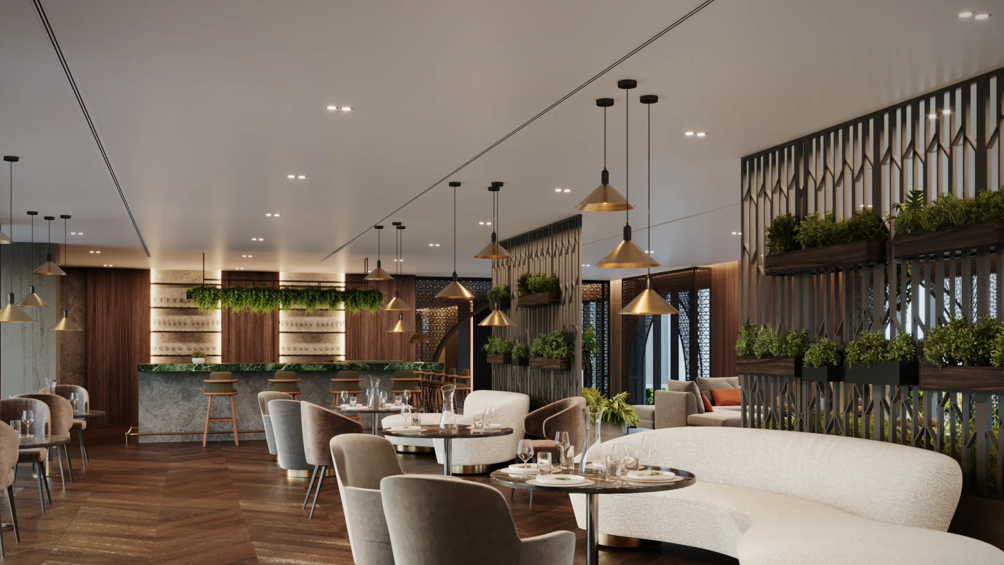 The Lofts residents lounge with brass pendants, mashrabiya screens and green walls