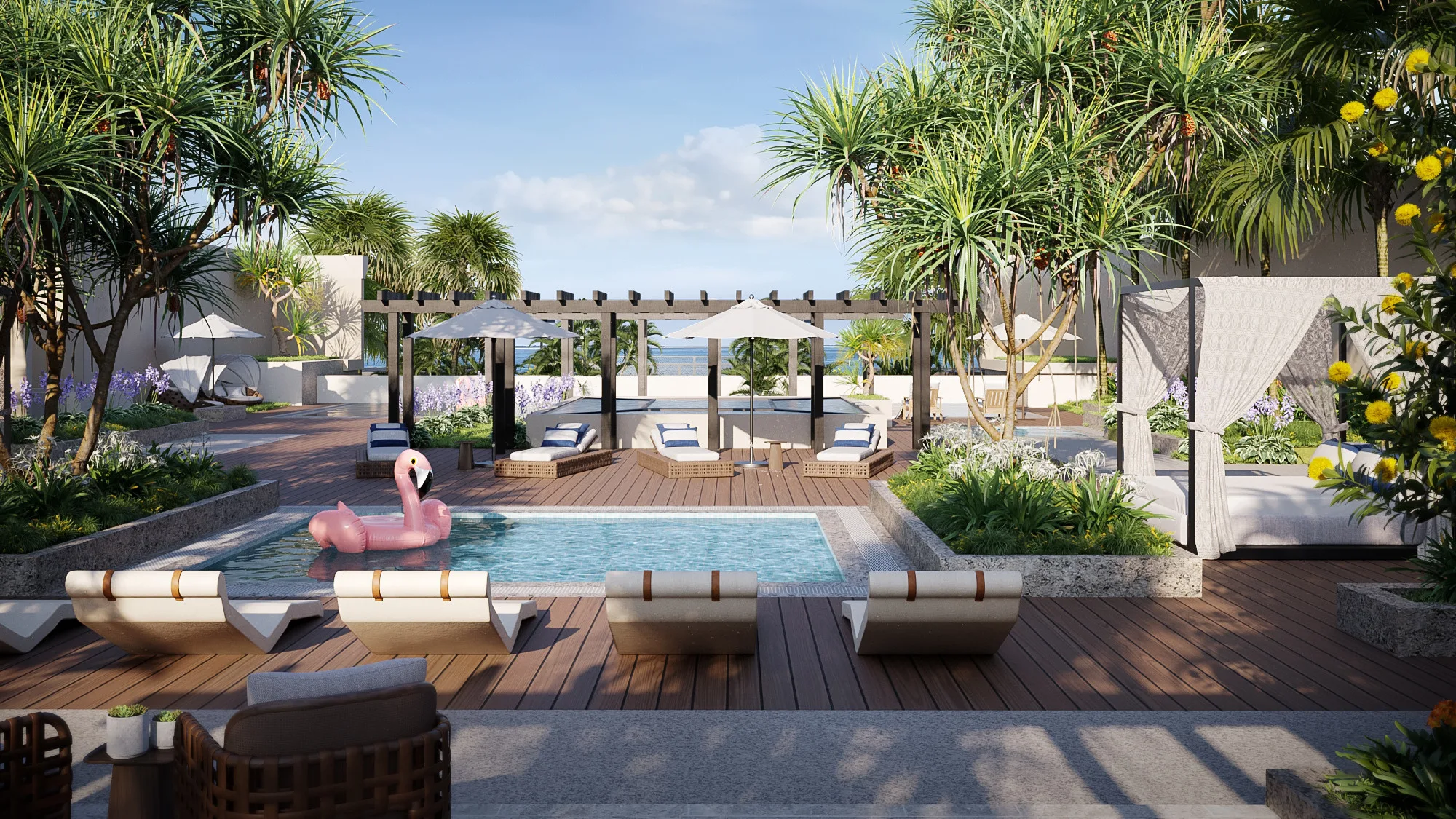 The Lofts pool deck with private cabanas, sun loungers and palm-shaded landscape