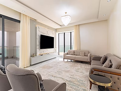 شقة فاخرة للإيجار – غرفتين نوم مع شرفة وتراس | إطلالة مباشرة وكاملة على البحر